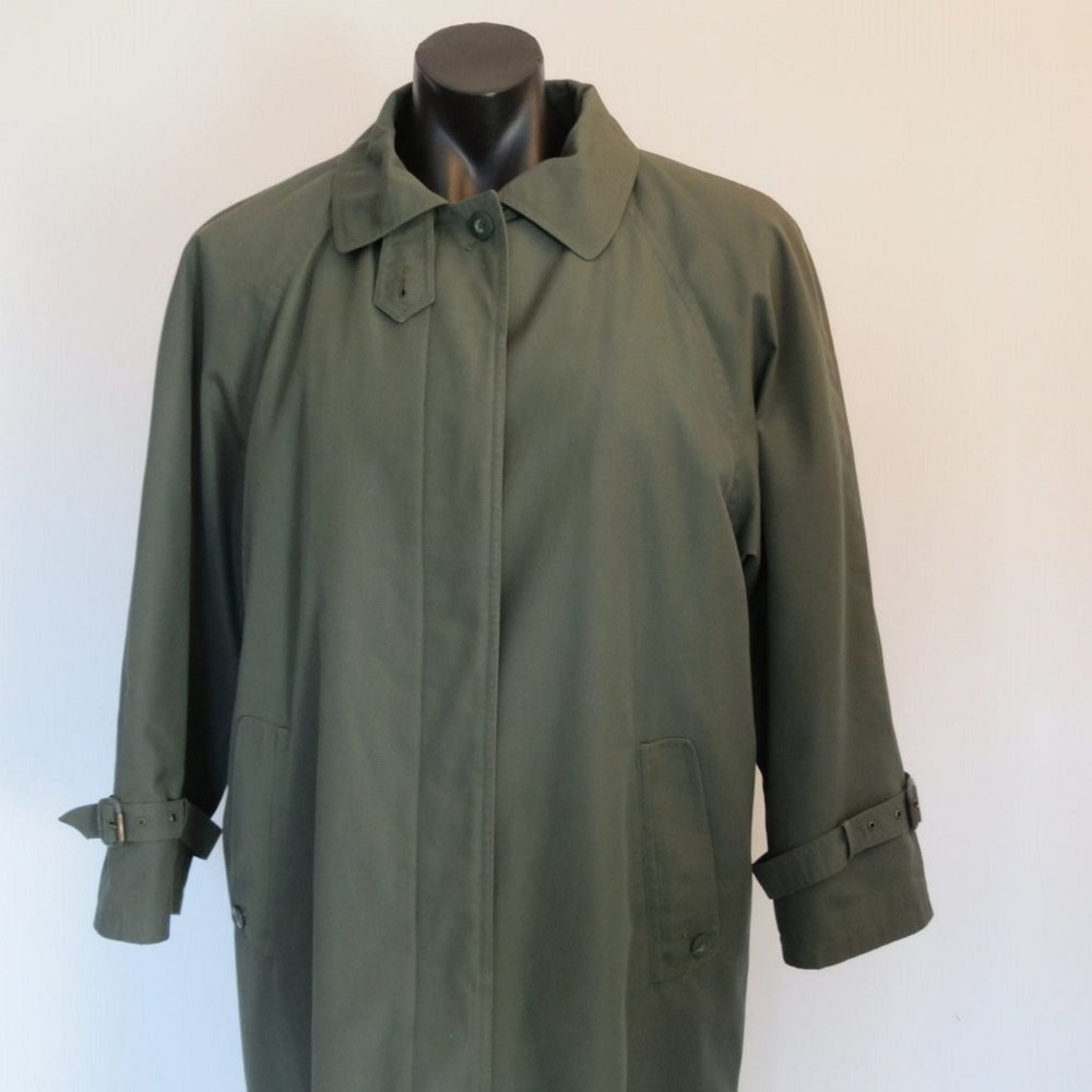 Green Trench Coat With Plaid Lining - 1980s - Large